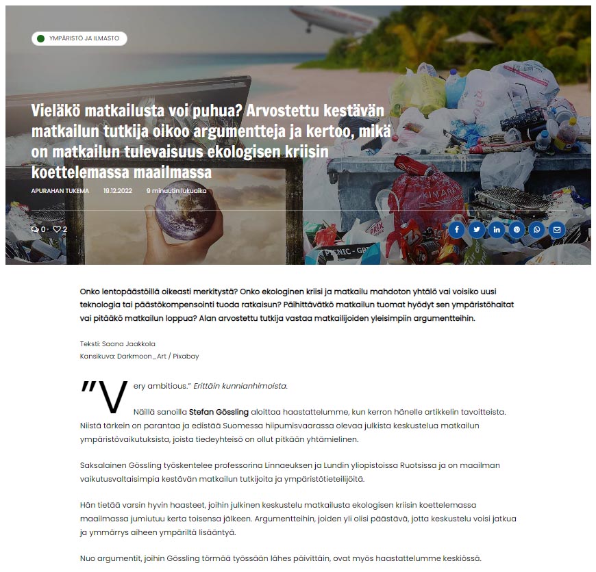 Kestävän matkailun tutkijan Stefan Gösslingin haastattelu verkkomedia Valppaassa.